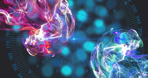 Glowing Dual Plasma Orbs Pulsing in Futuristic HUD with Neon Bokeh and Lens Flare