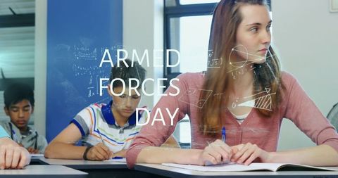 Teen student reflecting in classroom with math equations