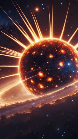 Vertical cinematic: Transforming magma sphere brightening with fiery jets in cosmic nebula