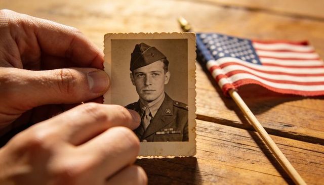 Hands holding vintage military portrait with american flag on rustic wooden table