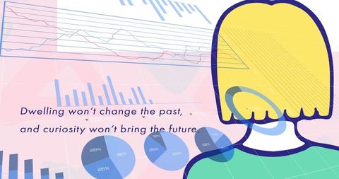 Illustration of data analysis overlay with woman icon and motivational quote