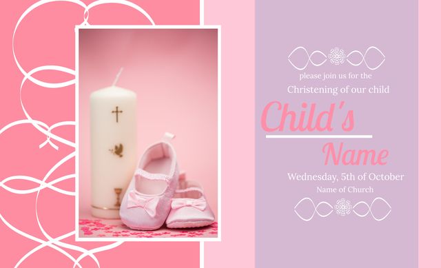 Christening Invite Template with Pink Baby Shoes and Candle - Download Free Stock Templates Pikwizard.com