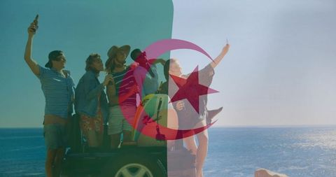 Laughing friends posing for selfie on coastal roadtrip, suv trunk, sunny beach vibes