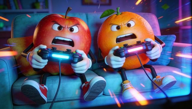Angry apple and orange playing video game on couch with neon controllers and sneakers
