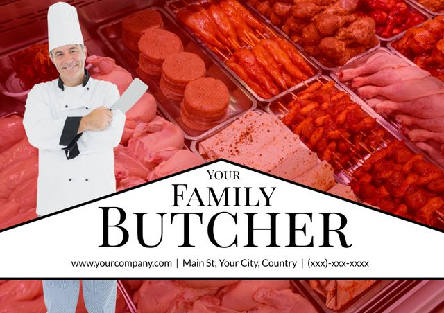 Chef professionally presenting fresh varieties of meat behind a display counter. Could be used for promoting butcher shops, culinary services, cooking classes, or high-quality food products. It emphasizes the freshness and variety of meat products available.