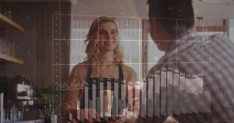 Smiling Barista Serving Coffee to Customer in Modern Cafe