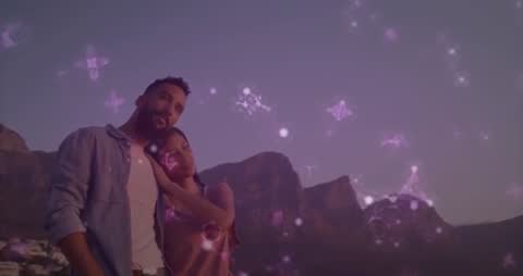 Dreamlike Evening with Futuristic Technology Overlays at Scenic Mountains