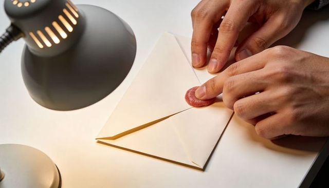 Hands Sealing Envelope with Red Wax Seal under Desk Lamp, Closeup Vintage Stationery Ritual