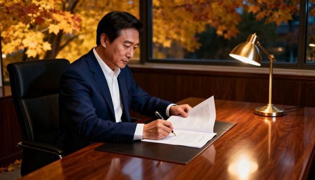 Executive asian man signing contract at wooden desk with warm lamp and autumn window view