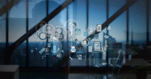 Digital Communication Icons Over Ambient Office Workspace