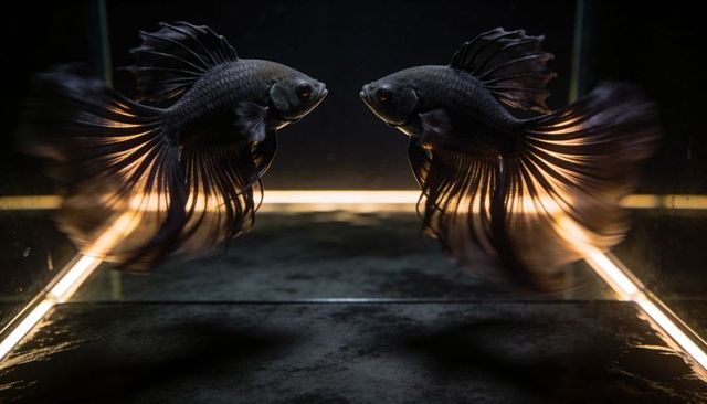 Dark betta fish pair facing off with flowing fins and dramatic rim lighting
