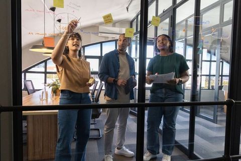 Diverse team brainstorming on glass wall with sticky notes and marker in modern office