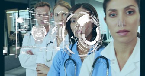 Medical team using augmented reality diagnostic hud in modern clinic