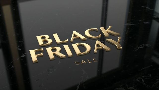 Luxurious black friday gold 3d lettering on polished black marble for premium sale campaigns
