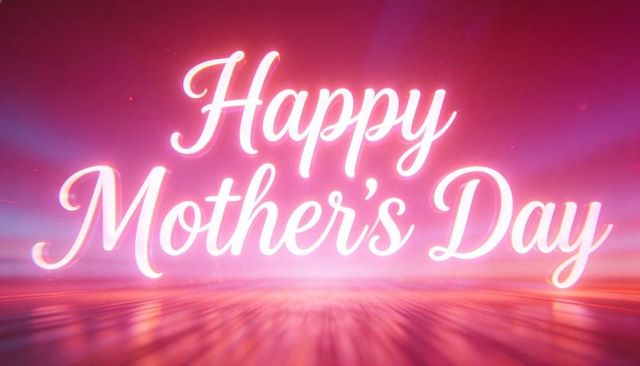 Glowing script happy mothers day neon lettering reflecting on glossy pink purple stage