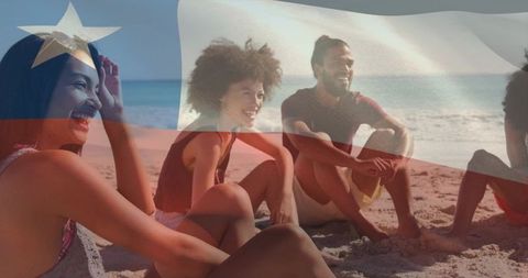Multicultural friends relaxing on sunlit beach with chile flag overlay, summer vacation