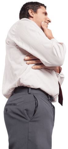 Transparent thoughtful businessman holding face posing in office attire
