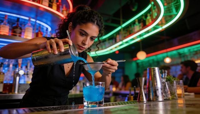 Female bartender mixing electric blue cocktail while straining at neon-lit bar counter