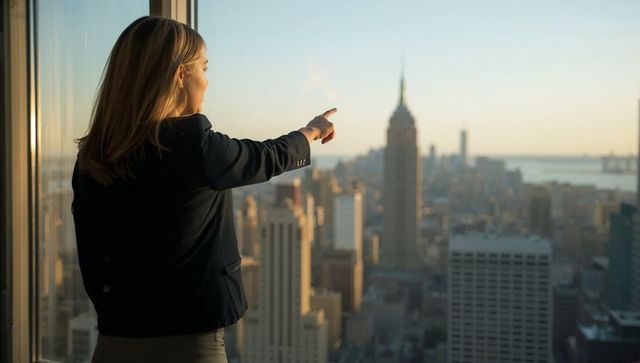 Businesswoman pointing at manhattan skyline from high-rise office window during golden hour