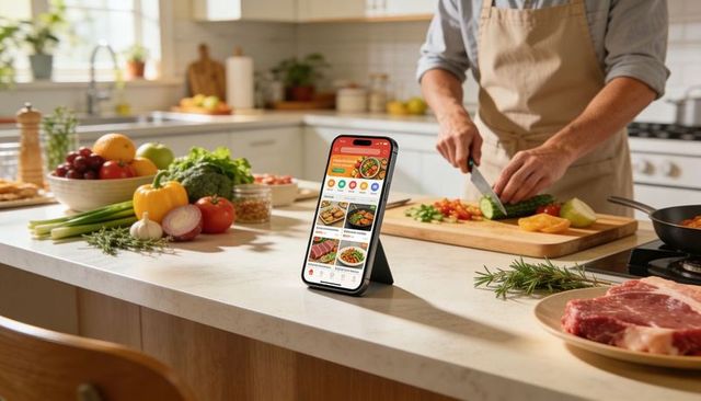 Smartphone recipe app on countertop with home cook chopping vegetables in bright kitchen