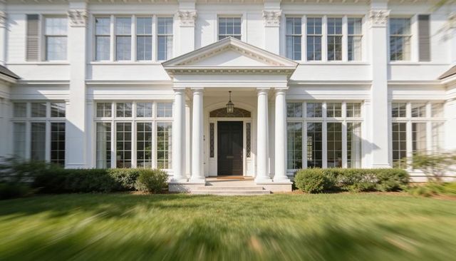 Sunlit southern colonial mansion facade featuring grand portico, columns and symmetry