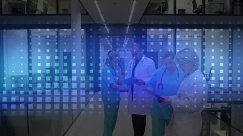 Caucasian Medical Team Discussing through Digital Interface Overlay