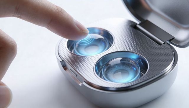 Fingertip activating chrome earbud charging case with blue led ripple and touch control