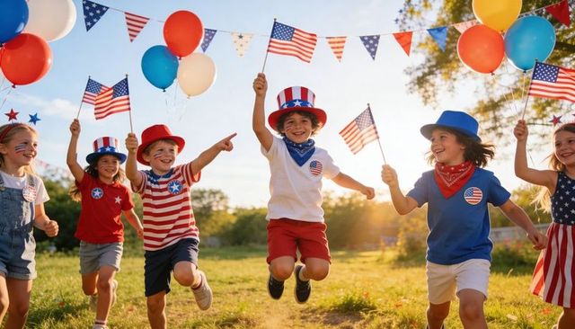 Joyful children celebrating fourth of july waving american flags and holding balloons