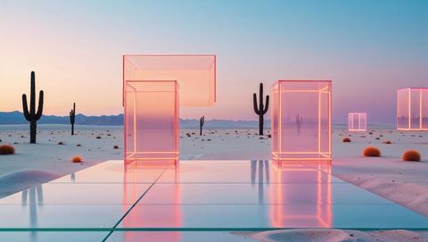 Surrealist Landscape featuring Neon Structures and Desert Cacti
