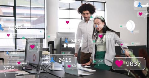 Collaborating on social media analytics in modern open office with live engagement overlays