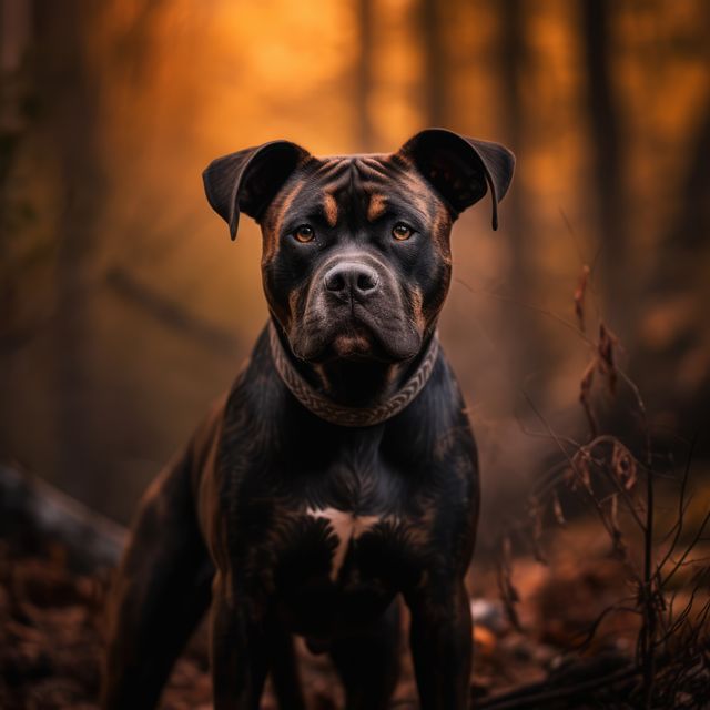 This image depicts a dog confidently posing in a forest during autumn, with warm colors and brown leaves enhancing the serene atmosphere. Ideal for use in advertising campaigns, travel blogs, and pet-related content, or as desktop wallpapers due to its striking composition and tranquility.