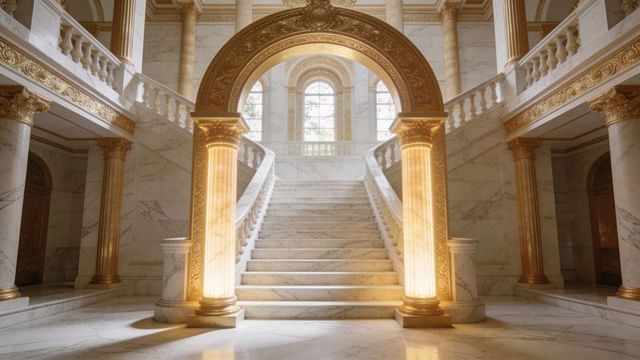Grand marble staircase ascending beneath gilded arch in neoclassical palace hall