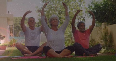 Seniors Practicing Gentle Yoga and Stretching in Sunny Backyard Garden