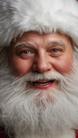Senior Santa Smiling and Shifting Facial Expressions Close-Up Vertical Video Portrait Beard, Fur Hat
