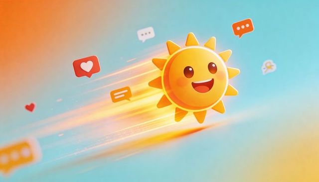 Happy sun mascot racing with social icons, vibrant speed and digital energy