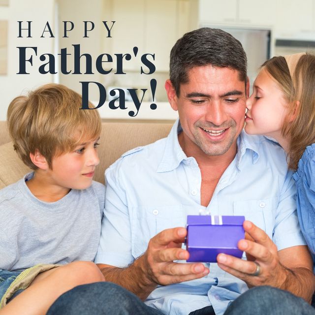 Digital composite image of happy father's day text by caucasian children giving gift to father. family, togetherness, lifestyle and celebration concept.