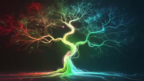 Vibrant Neon Tree with Rainbow Pulses in Cosmic Space