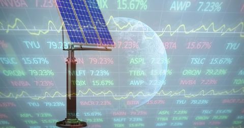 Solar Panel Overlays Financial Data and Globe for Conceptual Image