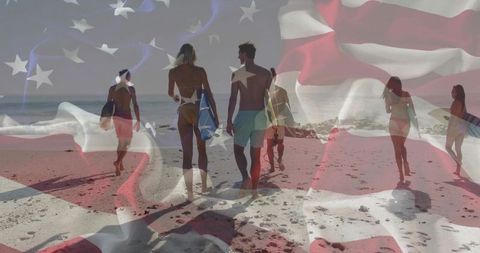 Patriotic surfing friends walking toward ocean under american flag overlay