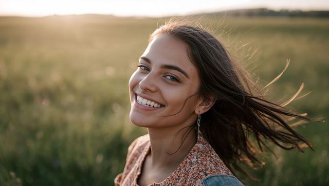 Smiling young woman basking in golden-hour meadow light, denim shoulder, dangling earring