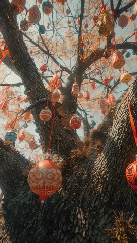 Vertical video capturing painted lanterns swaying in breeze while camera tilting past oak tree