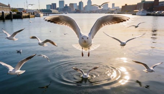 Seagull gliding toward viewer over harbor water with golden hour sun glare and city skyline
