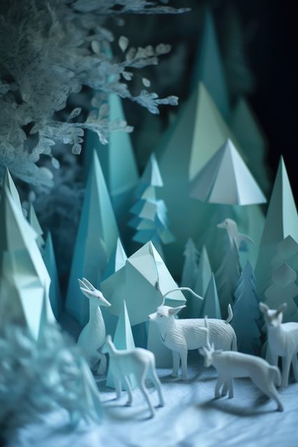 This visually stunning scene showcases a beautiful winter wonderland crafted from origami, with intricate paper animals such as deer and winter trees made of crisp paper shapes. Ideal for use in holiday decorations, winter-themed crafts, greeting cards design, and whimsical art projects.