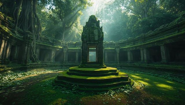 Mystical moss-covered temple shrine in jungle courtyard