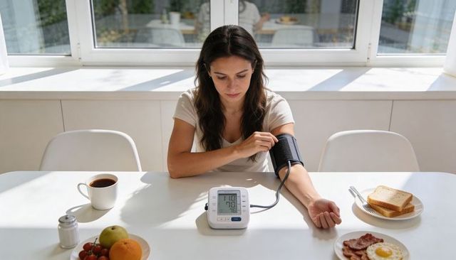 Woman checking blood pressure at kitchen table during breakfast in sunlit minimalist home