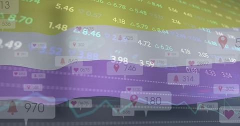 Layered data visualization dashboard with notification widgets and numeric tickers