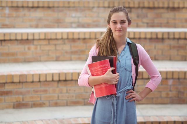 Portrait of schoolgirl standing with schoolbag and books in campus at school