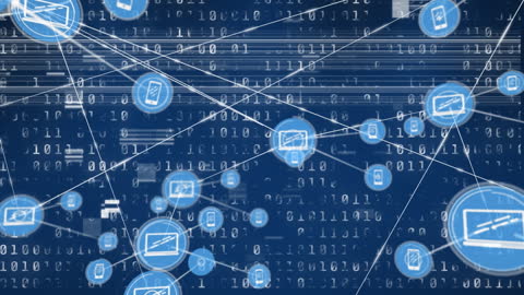 Glitch Effect Over Network of Digital Icons and Binary Code