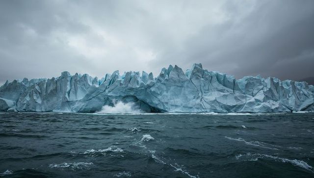 Jagged glacier rising from choppy polar waves under clouded sky