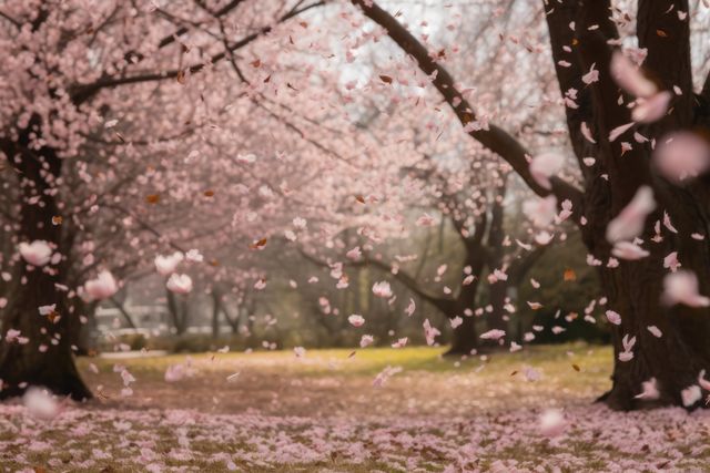 Cherry blossom petals gently falling in a park create a serene and tranquil spring scene. Ideal for use in seasonal greetings, nature blogs, desktop wallpapers, and social media posts celebrating springtime and natural beauty.